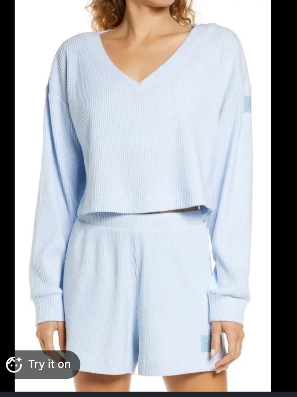 Alo Yoga Muse Ribbed Crop Pullover Blue Skies Heather Size XS V-Neck Lounge Top